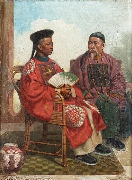 Chinese Gentleman Seated On A Terrace Oil Painting by Theodore Didier Delamarre