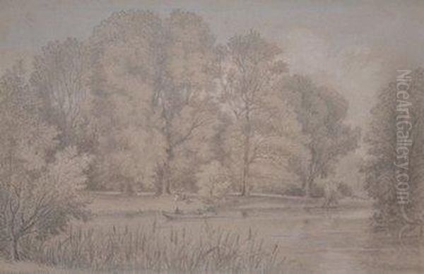 Man In A Punt Boat In A Tree Lined Lake Oil Painting by William Alfred Delamotte