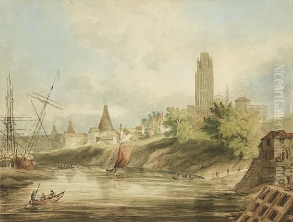 Bristol Cathedral From The Floating Harbour Oil Painting by William Alfred Delamotte