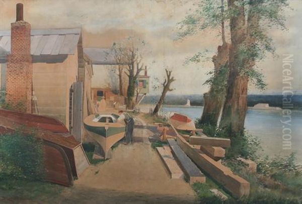 Boat Building Along The Potomac River Oil Painting by Gill W. Delancey