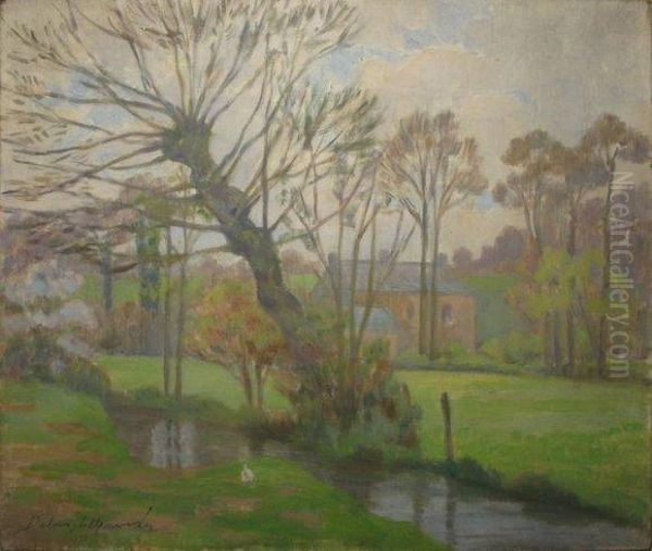 Ruisseau Et Maison Oil Painting by Anatole Alfred Theo. Delangle