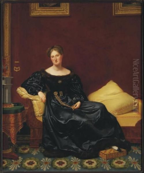 A Lady Seated In An Elegant Interior, Wearing A Black Silk Dress by Frederic Delanoe