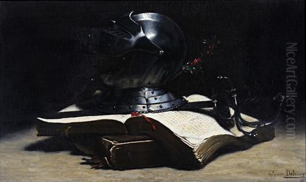 Still Life With Helmet, Sword, Books And Sprig Of Holly Oil Painting by Hippolyte Pierre Delanoy