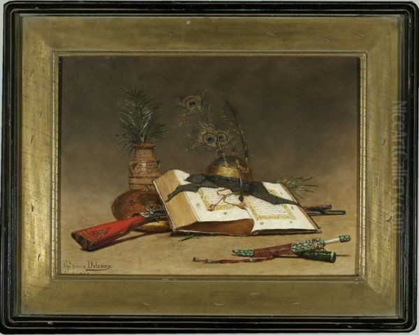 Still Life With Illuminated Manuscript Oil Painting by Hippolyte Pierre Delanoy