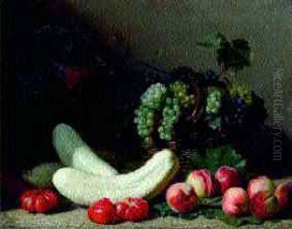 Peches, Tomates, Courges, Pichet De Fleurs Et Corbeille De Raisins Oil Painting by Jacques Delanoy