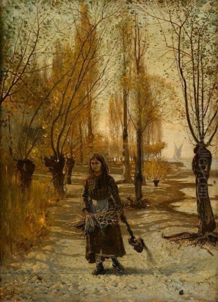 Gathering Twigs, Winter Oil Painting by Charles Samuel Delapeine