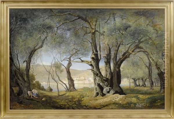 Meridional Landscape With Figures Oil Painting by Charles Samuel Delapeine