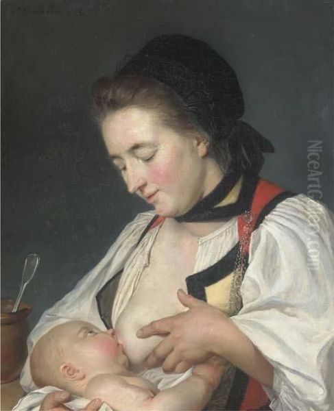 A Mother Feeding Her Child Oil Painting by Nicolas Benjamin Delapierre