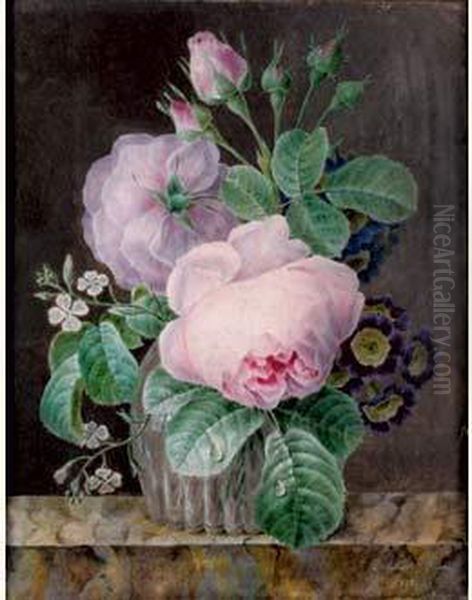 Bouquet De Roses Et De Primeveres Dans Un Vase Sur Un Entablement Oil Painting by Rosine Ant. Bessin Delaporte