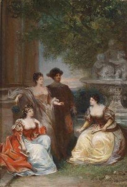 Elegant Group In A Park Oil Painting by B. Delaroche