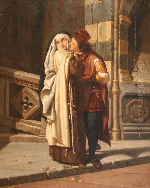 Young Male Courtier Attempting To Kiss An Unwilling Nun In An Italian Street Scattered With Roses Oil Painting by Paul Charles Delaroche