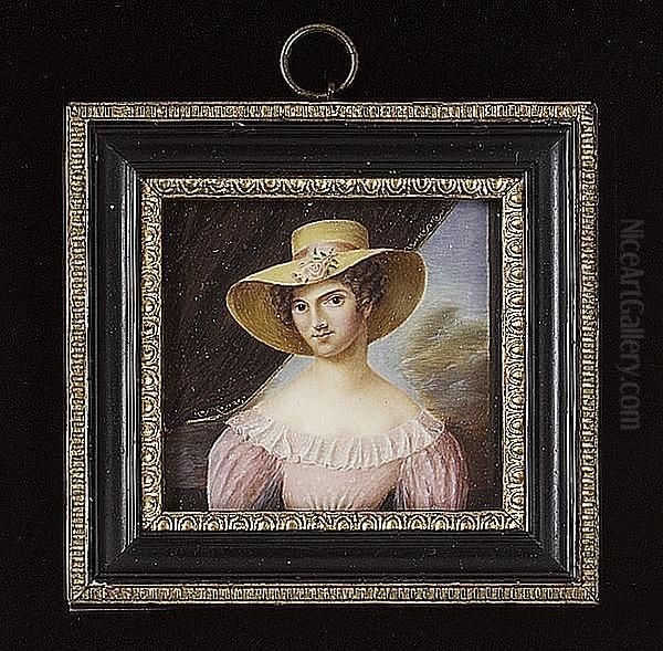 A Lady, Wearing Pink Dress With White Frilled Collar And Straw Bonnet Adorned With Pink Ribbon And Rose, Curtain And Landscape Background Oil Painting by Alexandre Delatour