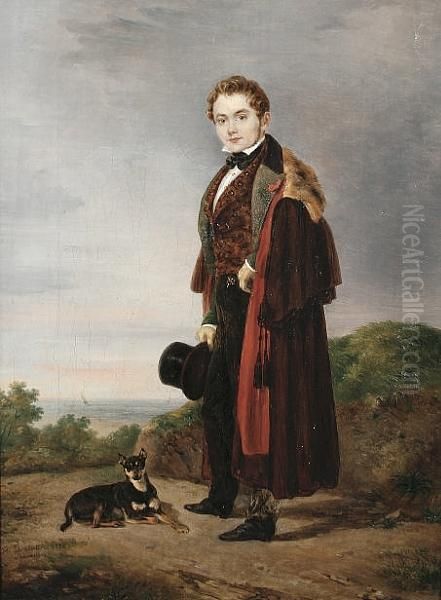 A Finely Dressed Gentleman Accompanied By His Dog Oil Painting by Henri Delattre