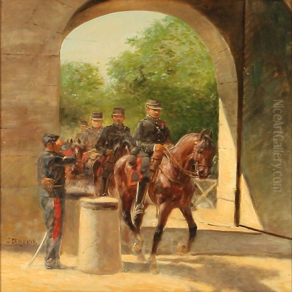 Riders Passing A Soldier Oil Painting by Jules Delaunay