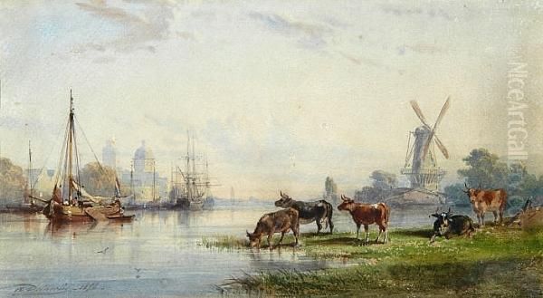 Cattle Grazing At The Water's Edge With Shipping And City Beyond Oil Painting by Alfred Napoleon Delaunois