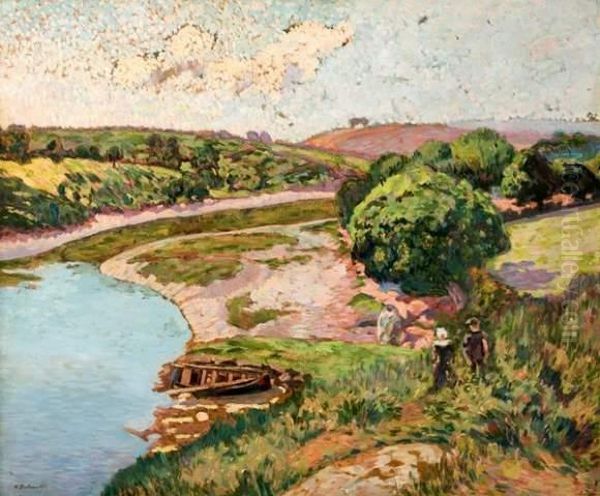 Bretons Au Bord De L'aven Ou Riviere A Kerscaff Oil Painting by Henri Delavallee