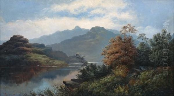 Riverscene With Mountains Oil Painting by Valentine, Val Delawarr