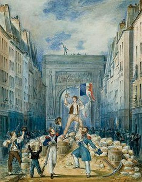 La Revolution De 1830 A La Porte De Saint Denis A Paris Oil Painting by Charles Claude Delaye