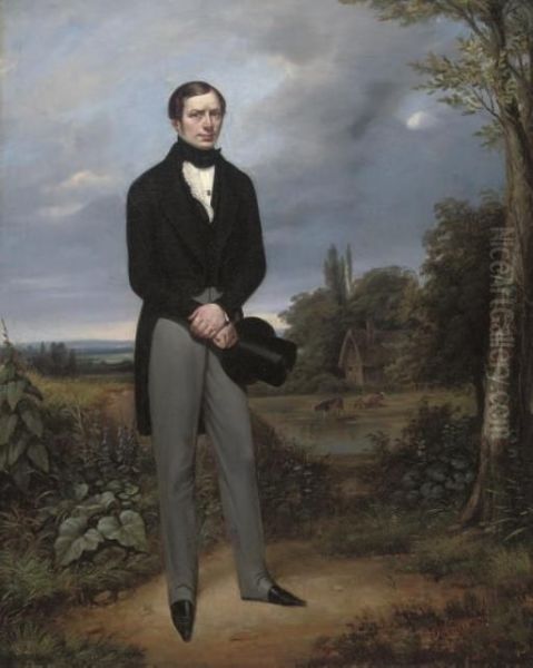 Portrait Of A Gentleman, Full-length, In A Morning Suit Holding A Top Hat In His Right Hand, A River Landscape With Cattle Beyond Oil Painting by Charles Claude Delaye