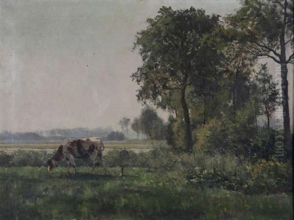 Landschap Met Koe Aan Het Water Oil Painting by Leon Delderenne