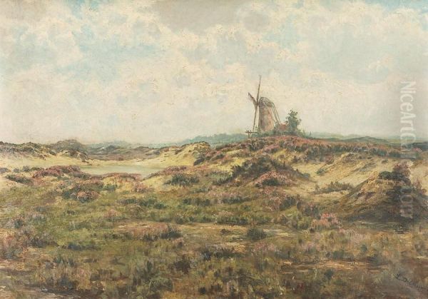 Heathland With Windmille In The Distance. Oil Painting by Leon Delderenne