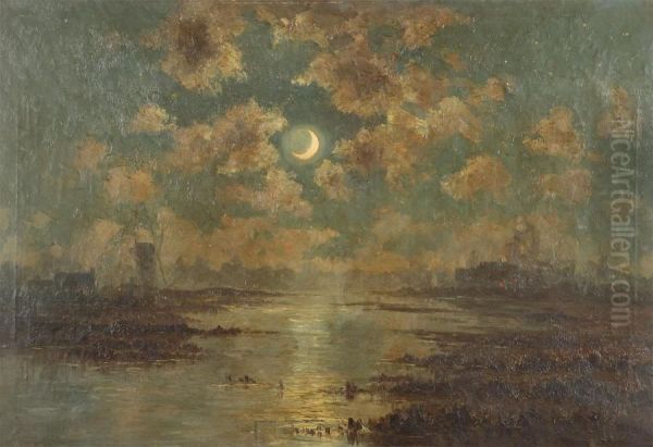 River Landscape With Windmill At Moonlight Oil Painting by Leon Delderenne