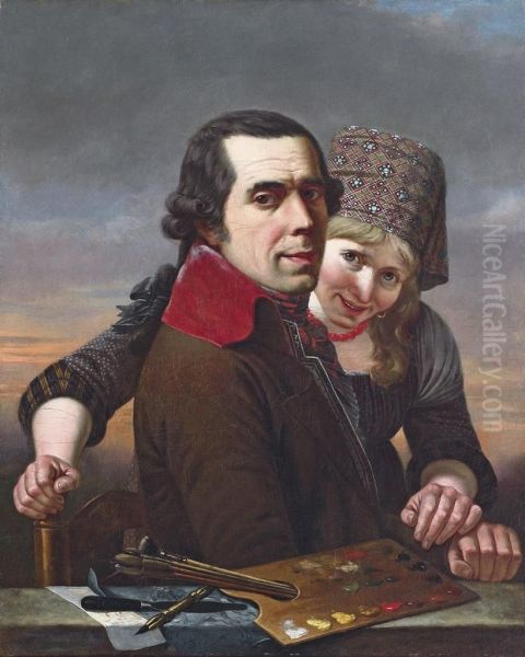 A Portrait Of The Artist, Half-length, Seated, With A Woman In Traditional Costume, At A Parapet With A Palette, Brushes, A Palette Knife, A Pencil And Drawings Oil Painting by Nicolas Louis Albert Delerive