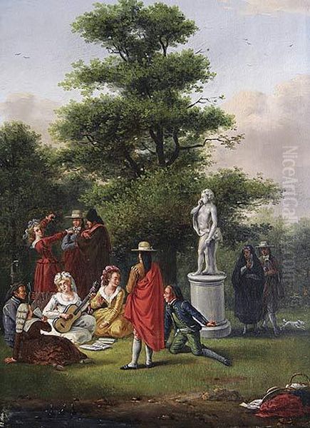 Baile En Un Parque Cerca De Una Fuente / Concierto Campestre Junto A Una Estatua Oil Painting by Nicolas Louis Albert Delerive