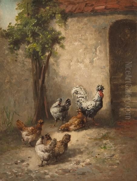 Hens And A Rooster In A Farm Yard Oil Painting by Auguste Joseph Delessard