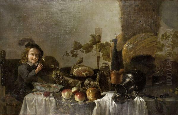 Nature Morte Au Paon Avec Un Jeune Garcon Buvant Oil Painting by Cornelis Jacobsz Delff