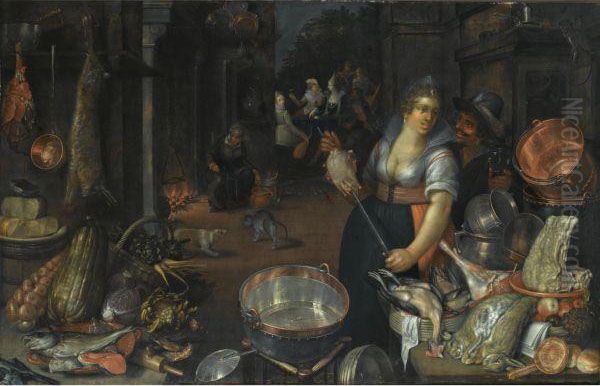 A Kitchen Still Life With A Maid And Her Admirer Next To A Table With Dead Hares, Fowl, Bread Rolls, A Basket With Fruit, And Copper Pots And Pans, On Another Table An Earthenware Plate With Fish, Cabbages And Artichokes, The Return Of The Prodigal Son In Oil Painting by Cornelis Jacobsz Delff