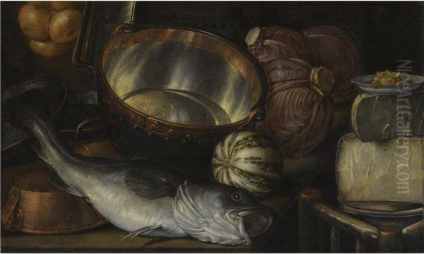 A Still Life With A Fish, Onions, Cabbage, Cheese And Copper Pots Oil Painting by Cornelis Jacobsz Delff