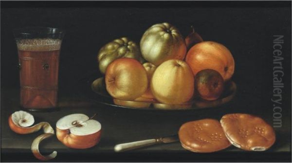 Still Life With Apples And Other Fruit On A Tazza, Together Witha Glass Of Beer, A Partly Peeled Apple, A Knife And Two Breadrolls Oil Painting by Cornelis Jacobsz Delff