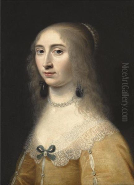 Portrait Of A Lady, Head And Shoulders, Wearing A Yellow Dress Anda Pearl Necklace And Headdress Oil Painting by Jacob Willemsz II Delff