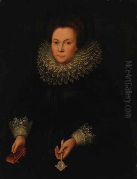 Portrait Of A Lady, Half-length, In A Black Embroidered Dress Withwhite Lace Sleeves And Ruff, Holding A Missal And Ahandscreen Oil Painting by Jacob Willemsz II Delff