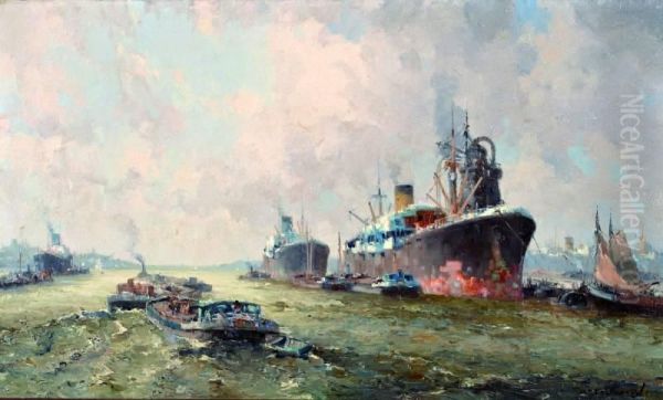 Zeeschepen En Sleepboten In Rotterdamse Haven by Gerardus Johannes Delfgaauw