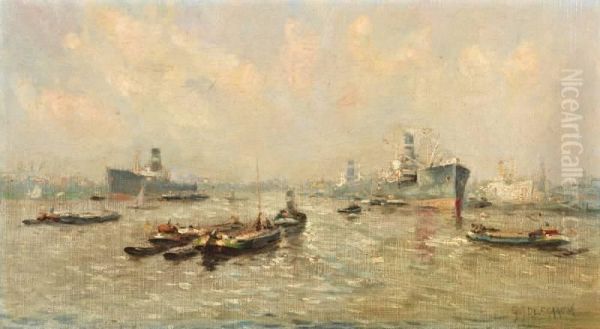 Rotterdamse Haven Oil Painting by Gerardus Johannes Delfgaauw