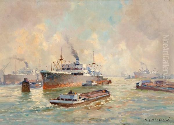 Activity In The Rotterdam Harbour Oil Painting by Gerardus Johannes Delfgaauw