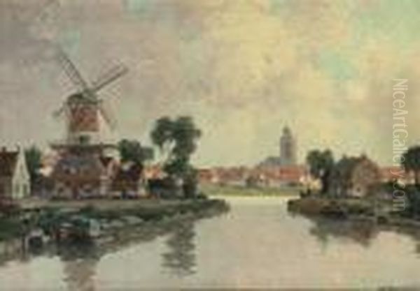 A View Of A Village Near A River Oil Painting by Gerardus Johannes Delfgaauw