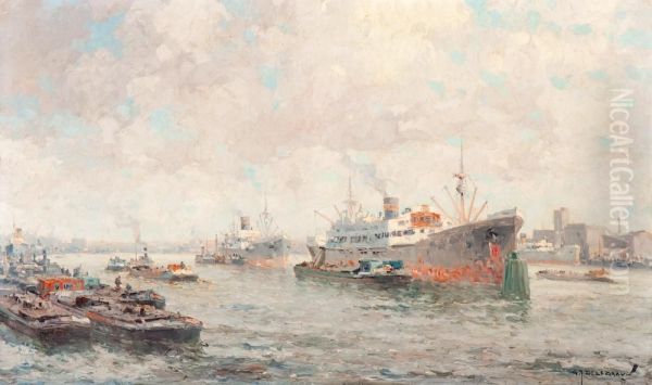 A View Of The Rotterdam Harbour Oil Painting by Gerarrd Delfgaauw