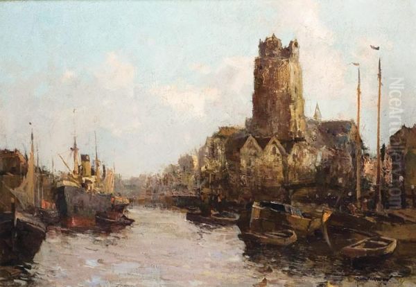 Zicht Op De Haven Te Dordrecht Oil Painting by Gerarrd Delfgaauw