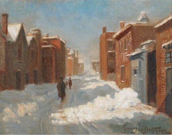 Winter Walk In The City Oil Painting by Georges Marie Joseph Delfosse