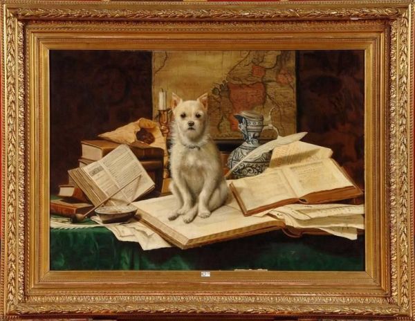 Chien Au Milieu Des Livres Oil Painting by Arthur Delgoffe