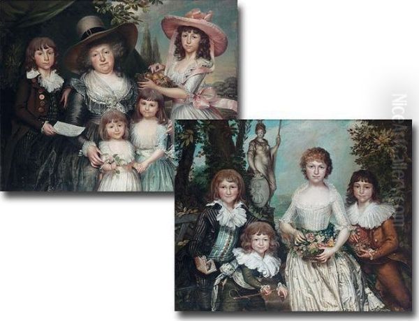 Portraits Of Madame Guyot And Her Children Oil Painting by Nicolas Joseph Delin