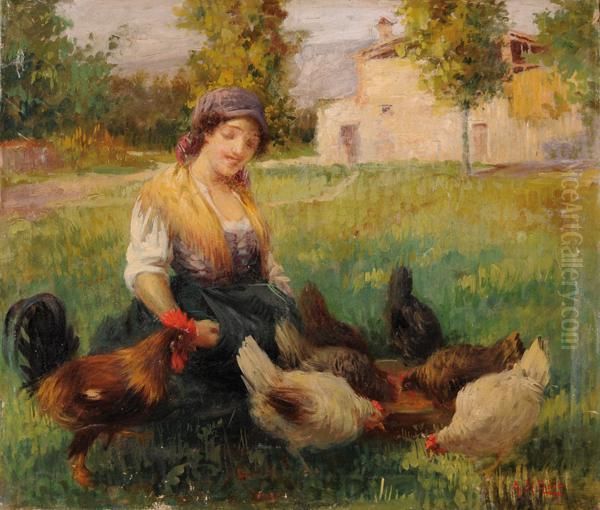 Contadina Con Galline Oil Painting by Arnaldo Delisio