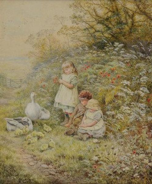 Children Picking Poppies In A Hedgerow Beside A Country Path, With Geese And Goslings Oil Painting by Etheline Eva Dell