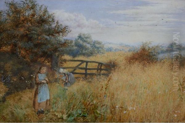 Two Girls Gathering Wild Flowers Oil Painting by Etheline Eva Dell