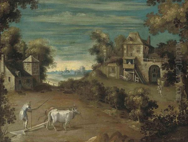 An Extensive Landscape With A Farmer And His Oxen Ploughing A
Field Oil Painting by Nicolo Dell' Abate