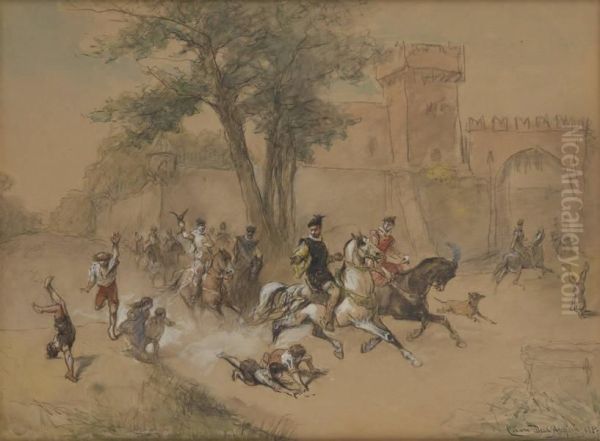 Depart De La Chasse A Courre Oil Painting by Cesare Felix dell' Acqua