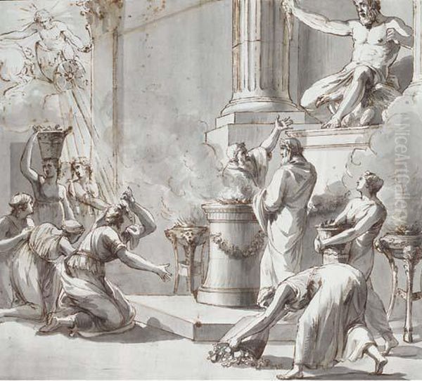 Maidens Bringing Offerings To An Altar Dedicated To Jupiter, Apollowatching From His Chariot Above Oil Painting by Giovanni Battista Dell'Era